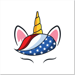 Unicorn Face American Flag 4th Of July Posters and Art